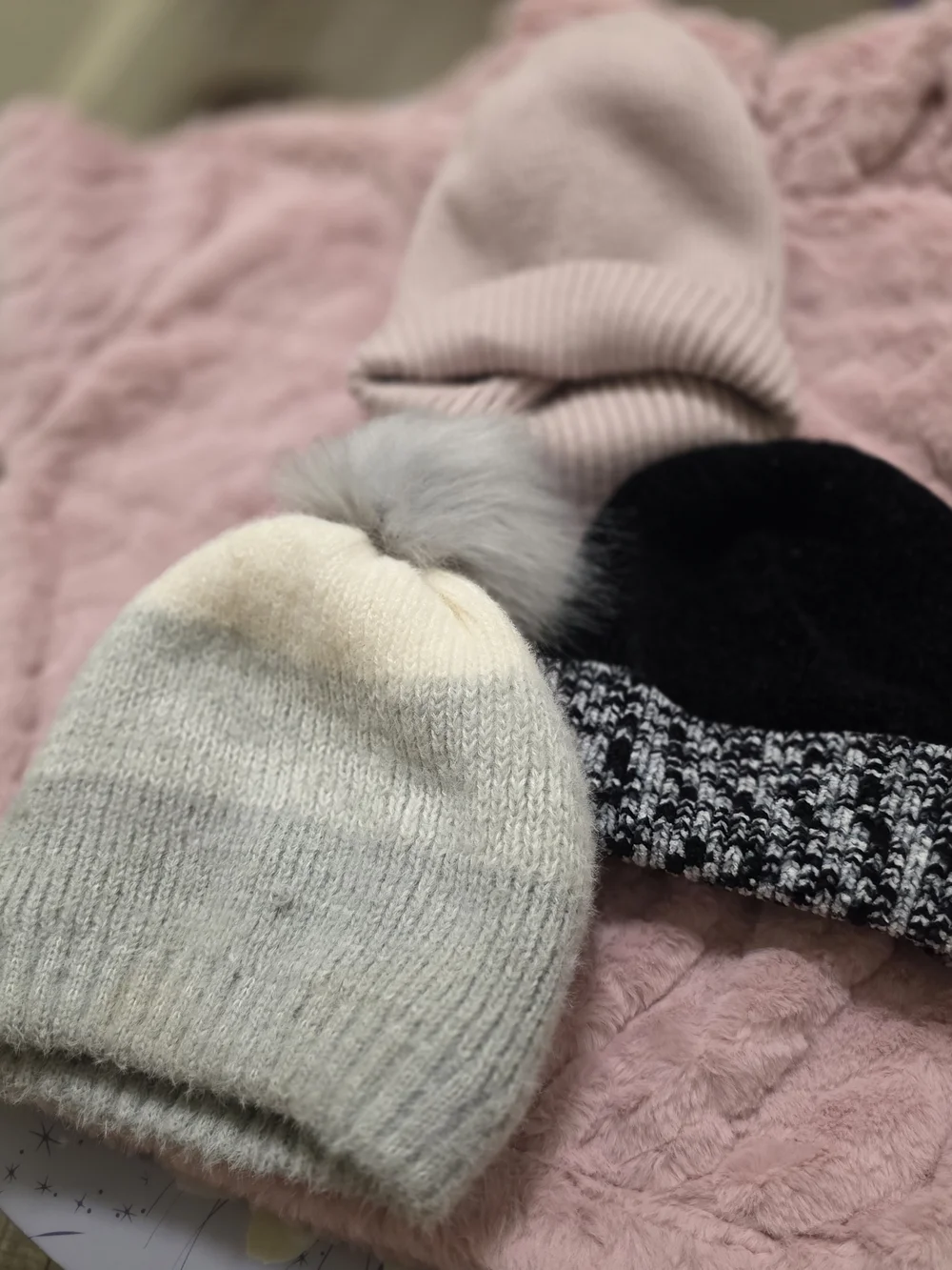 Kids Soft Knit Beanie Hat - Pink, Black, Cream